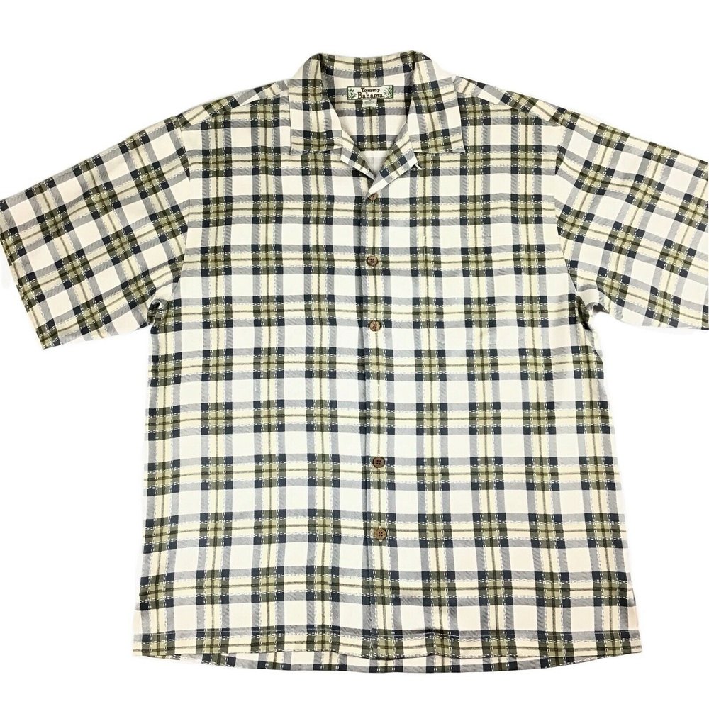 Tommy Bahama Camp Men’s Shirt M Silk Plaid Hawaiian Wooden Buttons Green Tan